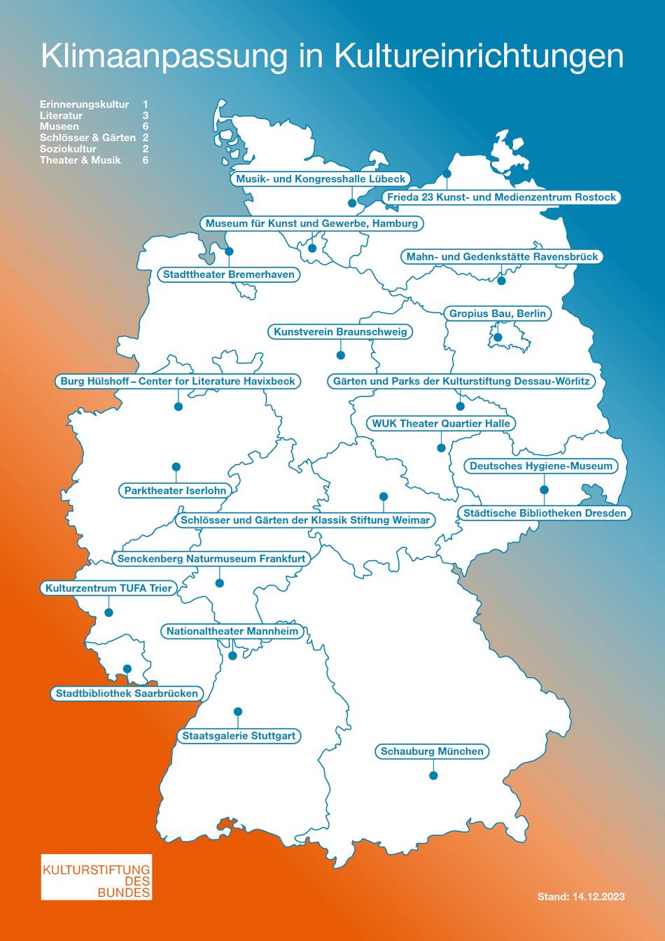 Deutschlandkarte mit Bundesländern und allen im Programm Klimaanpassung der Kulturstiftung des Bundes geförderten Einrichtungen (öffnet Vergrößerung des Bildes)