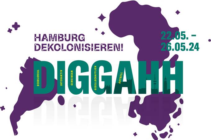 Grafik mit Ausschnitt einer Weltkarte mit mehreren Kontinenten und Schrift in Lila und Grün mit Text "Hamburg dekolonisieren" und "DIGGAHH"
